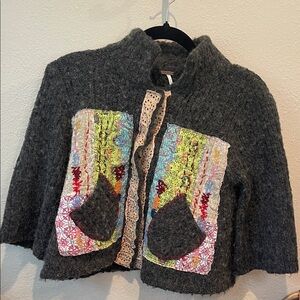 Free People Dark Gray Cropped Knit Cardigan with Multicolor Patch Details